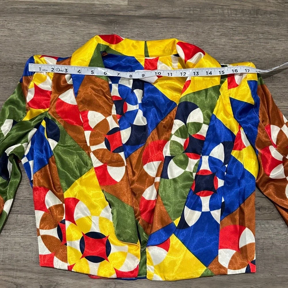 VTG Rubber Ducky 3 Piece Set Small Geometric Satin Blazer Crop Top Wide Leg Pant